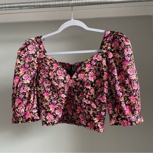 NWT Vero Moda Women's Pink+Black Floral Print V-Neck Puff Sleeves Crop Top XS